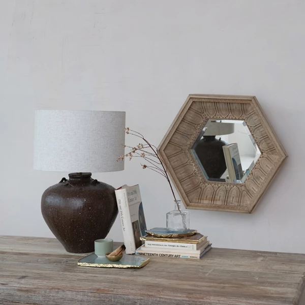 Creative Co Op Textured Stoneware Table Lamp W/ Linen Shade & Inline Switch Brown