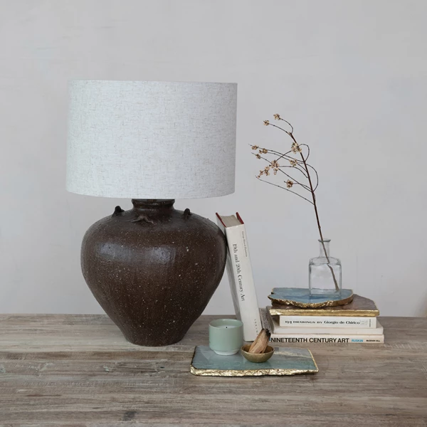 Creative Co Op Textured Stoneware Table Lamp W/ Linen Shade & Inline Switch Brown
