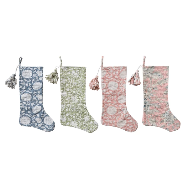 creative co op Toile Stocking with Flowers Hand-Embroidered Kantha Stitch 4 Styles