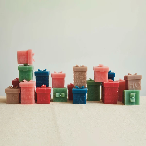 Creative Co Op Unscented Gift Box Shaped Candle "Merry/Bright" Pink