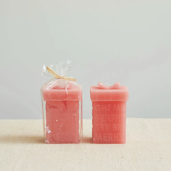 Creative Co Op Unscented Gift Box Shaped Candle "Merry/Bright" Pink