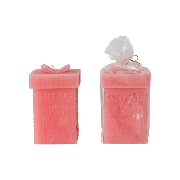 creative co op Unscented Gift Box Shaped Candle "Merry/Bright" Pink