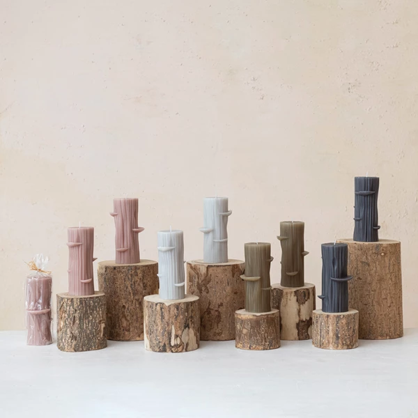 Creative Co Op Unscented Log Shaped Candle W/ Mushrooms Khaki Color