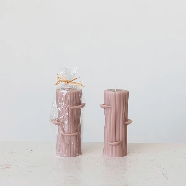 Creative Co Op Unscented Log Shaped Candle W/ Mushrooms Khaki Color