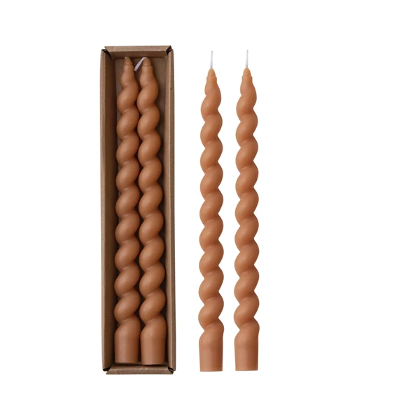 creative co op Unscented Twisted Taper Candles in Box Tan Color Set of 2 (Est. Burn Time 5 Hours)