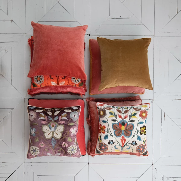 Creative Co Op Velvet Pillow W/ Embroidered Botanical Pattern Piping & Chambray Back 3 Styles