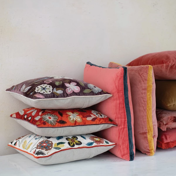 Creative Co Op Velvet Pillow W/ Embroidered Botanical Pattern Piping & Chambray Back 3 Styles