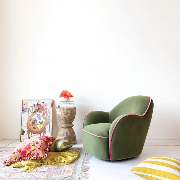 Creative Co Op Velvet Upholstered Swivel Chair W/ Pink Piping