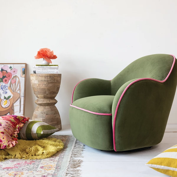 Creative Co Op Velvet Upholstered Swivel Chair W/ Pink Piping