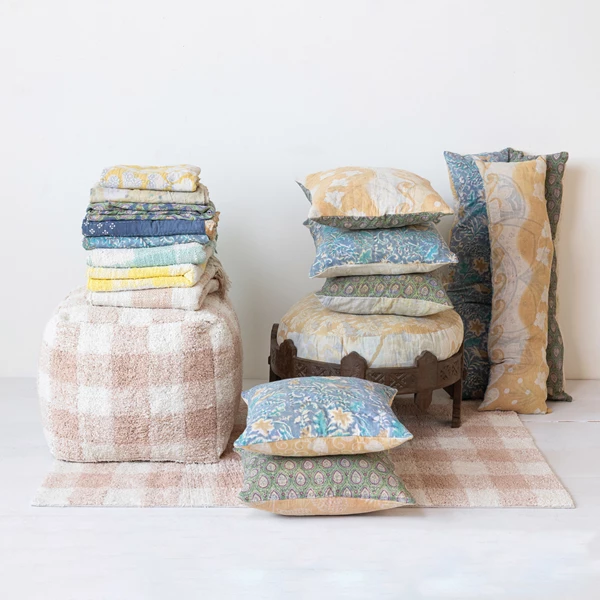 Creative Co Op Vintage Printed Cotton Kantha Reversible Pillow 2 Styles (Each One Will Vary)