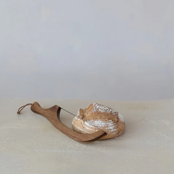 Creative Co Op Wood Bread Bow Knife W/ Stainless Steel Blade & Faux Leather Tie Natural