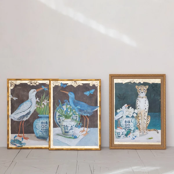 Creative Co Op Wood Faux Bamboo Framed Canvas Wall Décor W/ Bird & Urn Image & Gold Foil 2 Styles