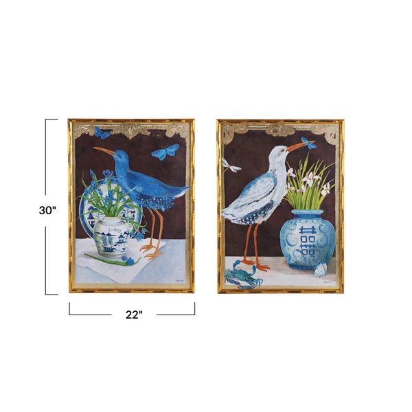 Creative Co Op Wood Faux Bamboo Framed Canvas Wall Décor W/ Bird & Urn Image & Gold Foil 2 Styles