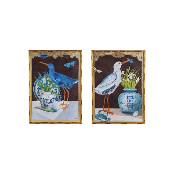 creative co op Wood Faux Bamboo Framed Canvas Wall Décor w/ Bird & Urn Image & Gold Foil 2 Styles
