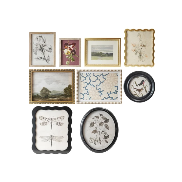 creative co op Wood Framed Glass Wall Décor w/ Landscapes Botanicals & Insect Prints Set of 9