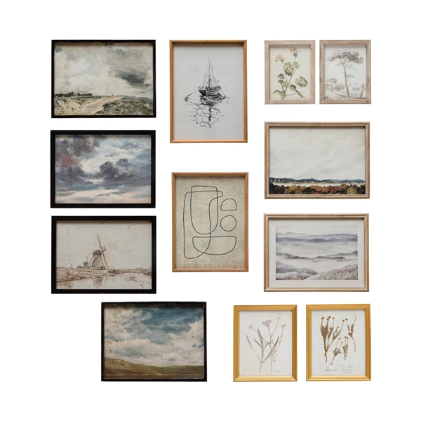 creative co op Wood Framed Glass Wall Decor w/ Landscapes Botanicals & Abstract Image Set of 12