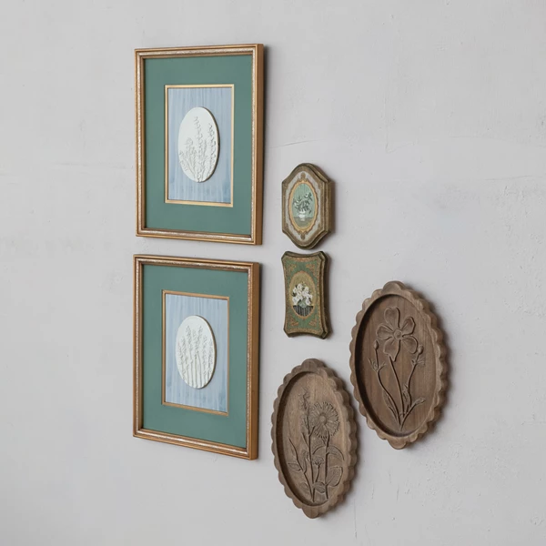 Creative Co Op Wood Framed Wall Décor W/ Embossed Resin Botanicals Gold Finish & Multi Color 2 Styles ©