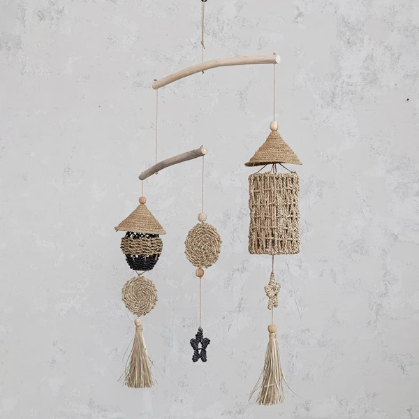 Creative Co Op Wood & Hand-Woven Seagrass Mobile/Wall Hanging Black & Natural