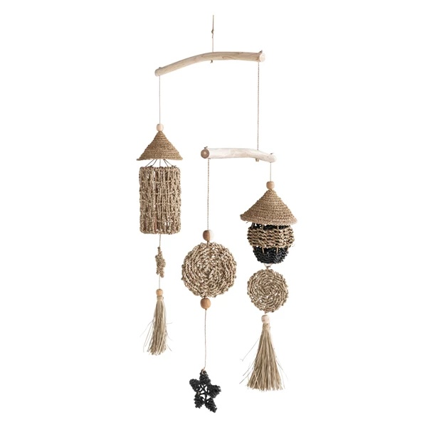 creative co op Wood & Hand-Woven Seagrass Mobile/Wall Hanging Black & Natural