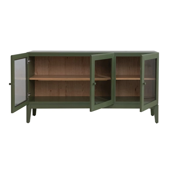 Creative Co Op Wood Sideboard W/ 3 Glass Doors 2 Shelves & Oak Veneer Inside Green & Natural