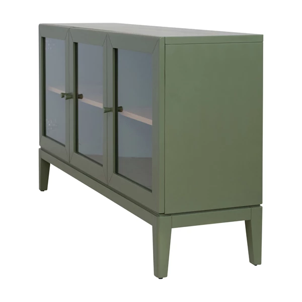Creative Co Op Wood Sideboard W/ 3 Glass Doors 2 Shelves & Oak Veneer Inside Green & Natural