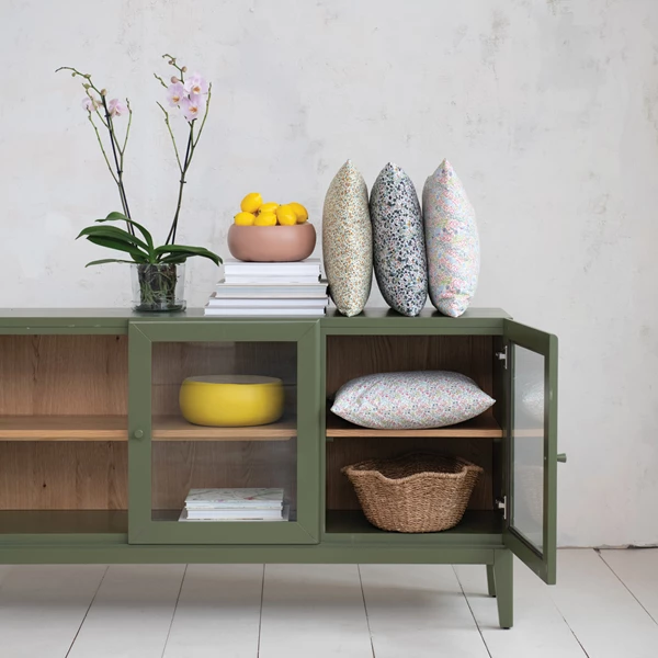 Creative Co Op Wood Sideboard W/ 3 Glass Doors 2 Shelves & Oak Veneer Inside Green & Natural