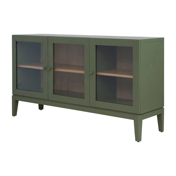 creative co op Wood Sideboard w/ 3 Glass Doors 2 Shelves & Oak Veneer Inside Green & Natural