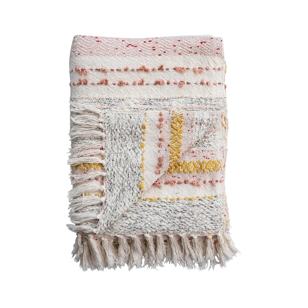 Creative Co Op Woven Cotton Blend Throw W/ Stripes Embroidery & Fringe