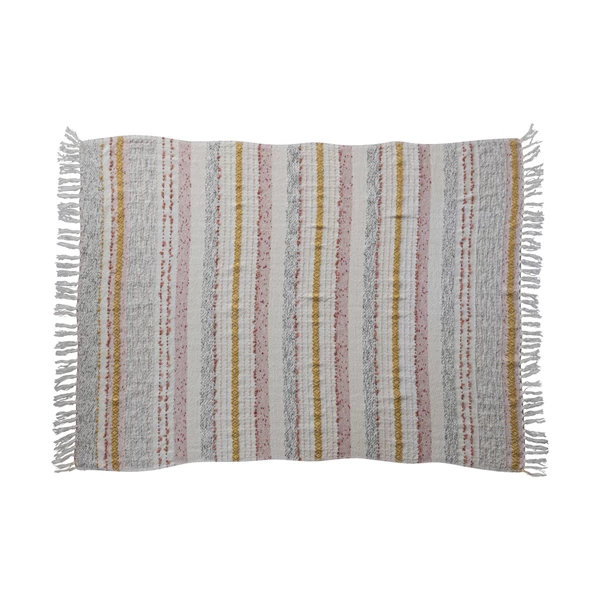 creative co op Woven Cotton Blend Throw w/ Stripes Embroidery & Fringe