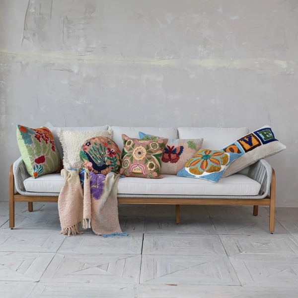 Creative Co Op Woven Fabric Indoor/Outdoor Lumbar Pillow With Tufting & Embroidery