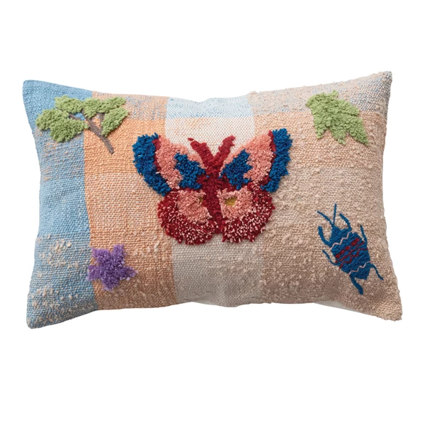 creative co op Woven Fabric Indoor/Outdoor Lumbar Pillow with Tufting & Embroidery
