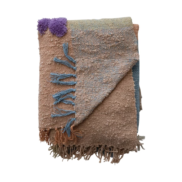 Creative Co Op Woven Fabric Throw With Tufting & Embroidery