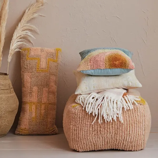 Creative Co Op Woven New Zealand Wool Shag Pouf W/ Design