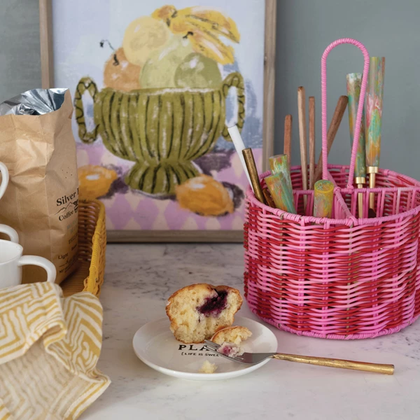 Creative Co Op Woven Plastic Caddy W/ Handle & 4 Sections Pink & Red