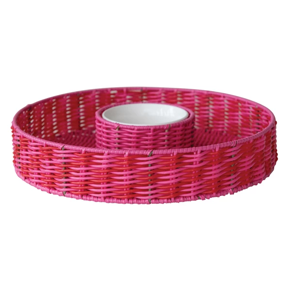 Creative Co Op Woven Plastic Chip & Dip Basket W/ 18 Oz. Removable White Ceramic Bowl Set Of 2