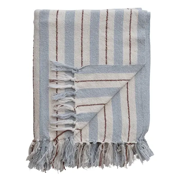 Creative Co Op Woven Recycled Cotton Blend Striped Throw W/ Fringe