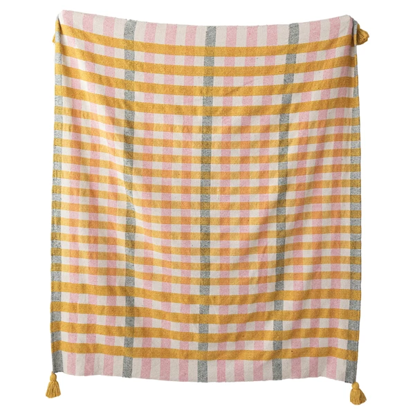 Creative Co Op Woven Recycled Cotton Jacquard Throw W/ Tassels Plaid