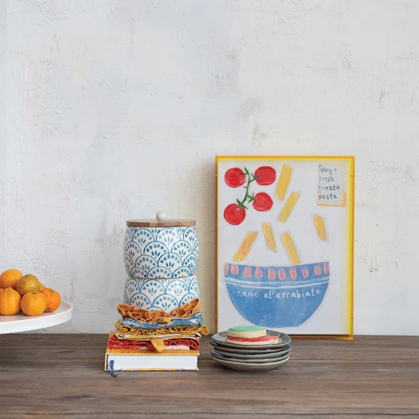 Creative Co Op Yellow Acrylic Box Framed Canvas Wall Décor W/ Pasta Bowl & Tomatoes "Penne Al'Arrabiata"