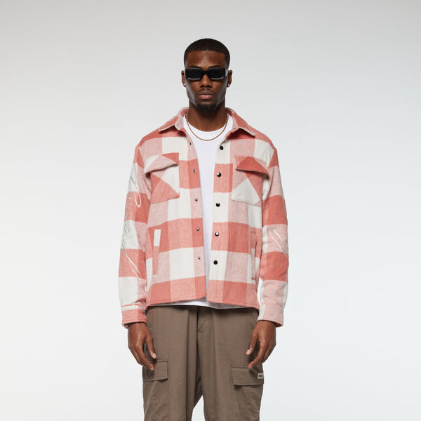 Criminal Damage EMBROIDERED CHECK SHIRT PINK ECRU