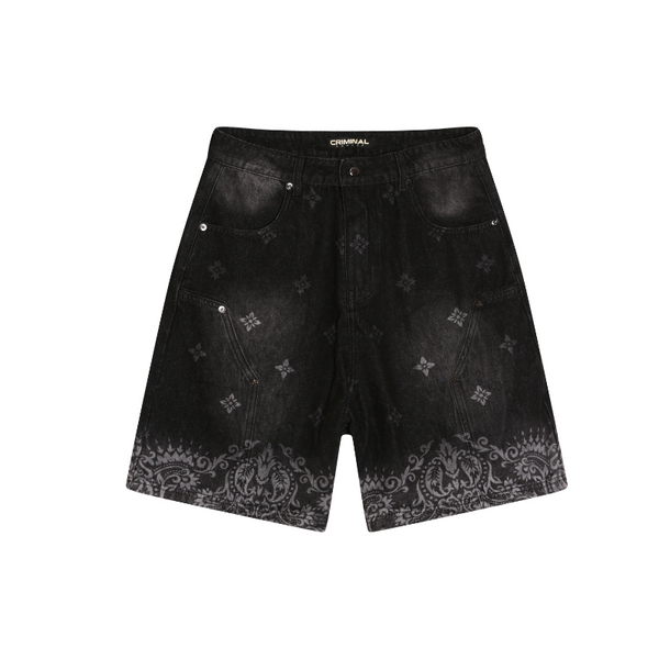 criminal damage LASER PRINT DENIM SHORTS BLACK