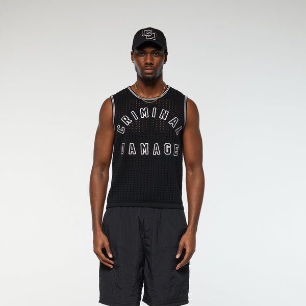 Criminal Damage VARSITY CROCHET VEST BLACK WHITE