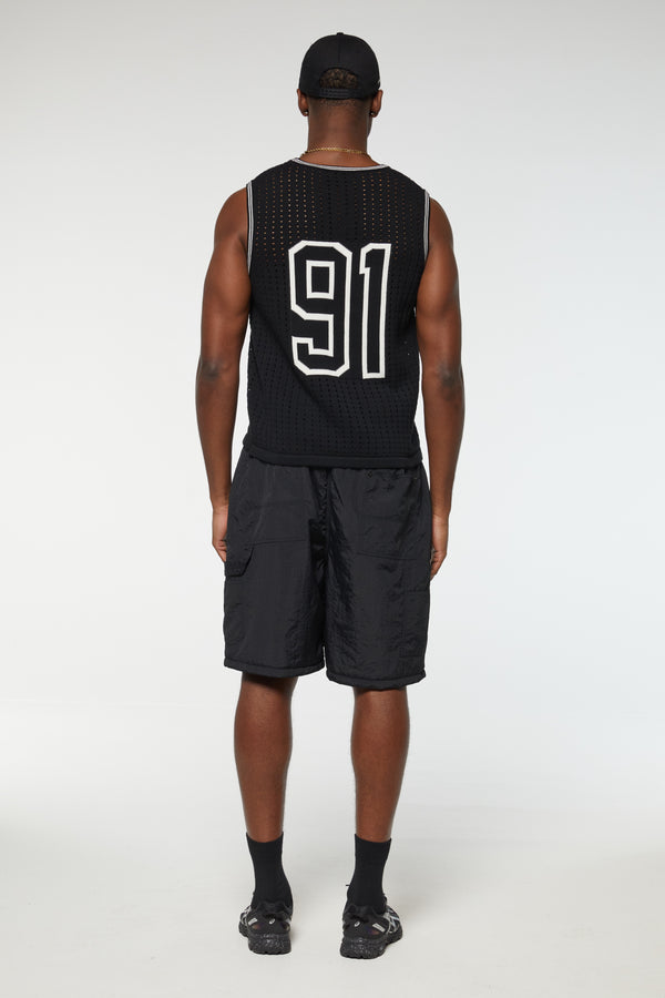 Criminal Damage VARSITY CROCHET VEST BLACK WHITE