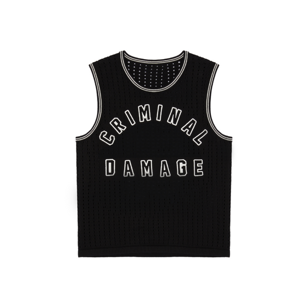 criminal damage VARSITY CROCHET VEST BLACK WHITE