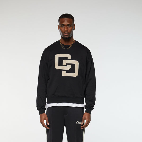 Criminal Damage LEATHER APPLIQUE LOGO SWEATSHIRT BLACK