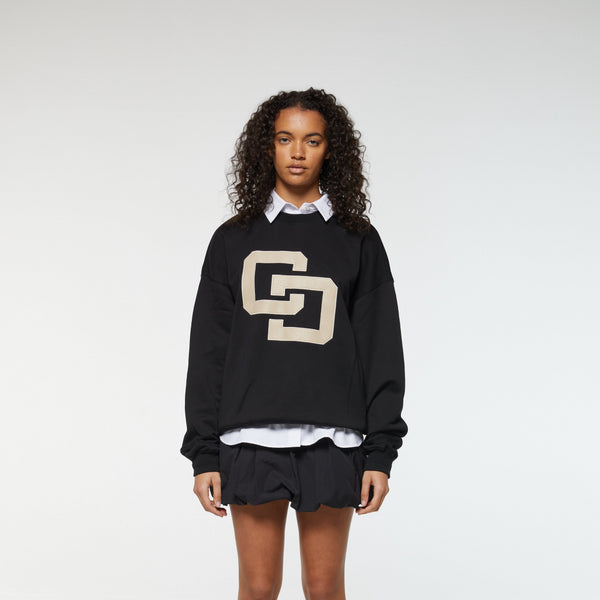 Criminal Damage LEATHER APPLIQUE LOGO SWEATSHIRT BLACK