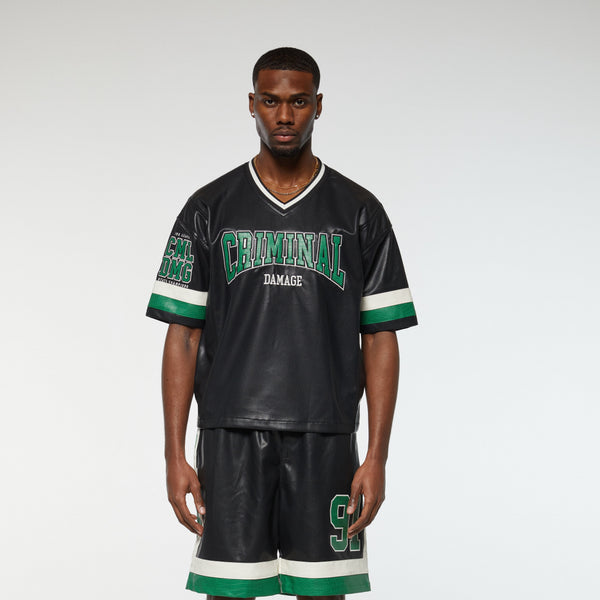 Criminal Damage STADIUM LEATHER V NECK TOP BLACK GREEN