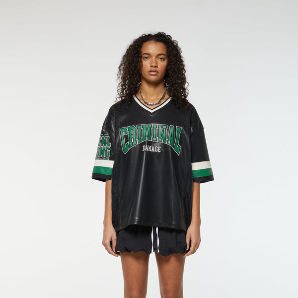 Criminal Damage STADIUM LEATHER V NECK TOP BLACK GREEN