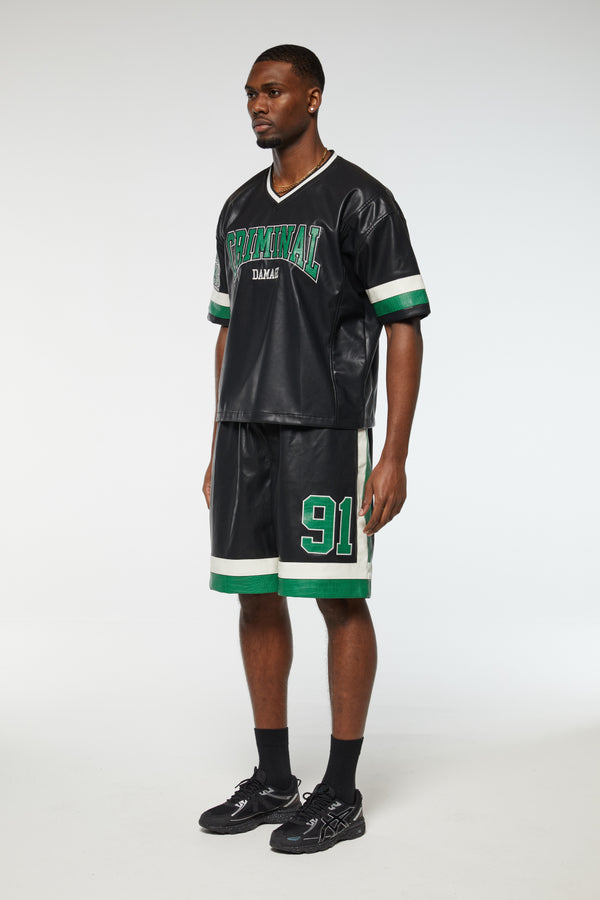 Criminal Damage STADIUM LEATHER V NECK TOP BLACK GREEN