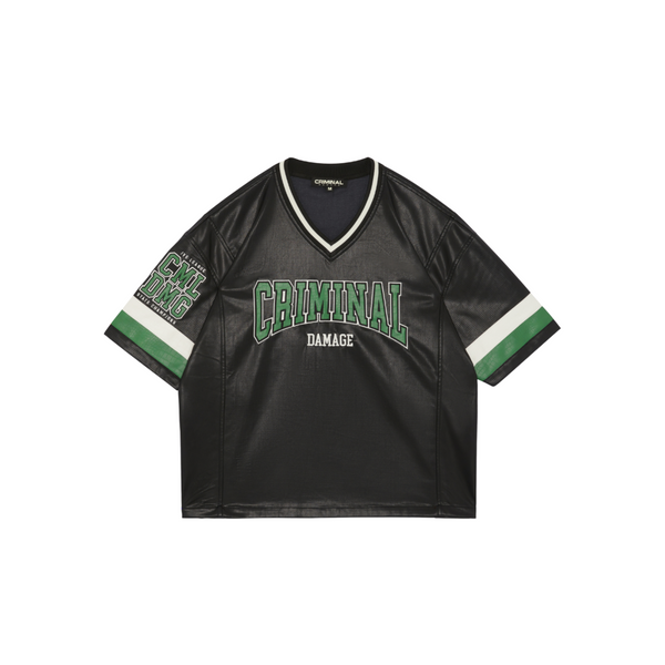 criminal damage STADIUM LEATHER V NECK TOP BLACK GREEN