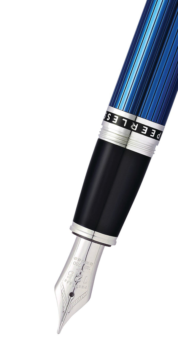 Cross Peerless™ Translucent Quartz Blue Engraved Lacquer With Platinum Plated Appointments And Rhodium Plated 18KT Solid Gold Fine Nib Fountain Pen